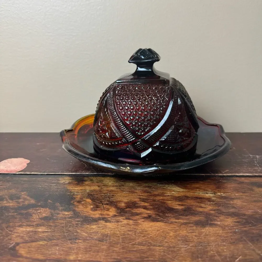 Vintage Depression Pressed Red Cadmium Glass Covered Butter Dish GLOWS